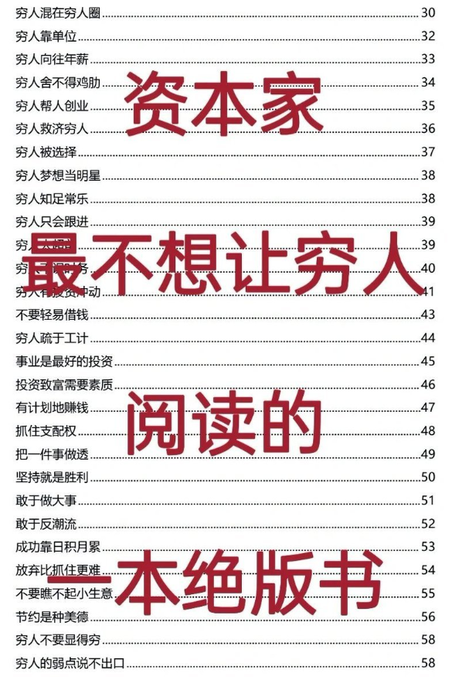A table of contents page in Chinese featuring chapter headings including '穷人混在穷人圈' (Poor People mixed in with Poor Circles), with promotional overlay text '资本家不想让穷人阅读的本绝版书' (A rare book that capitalists don't want the poor to read).