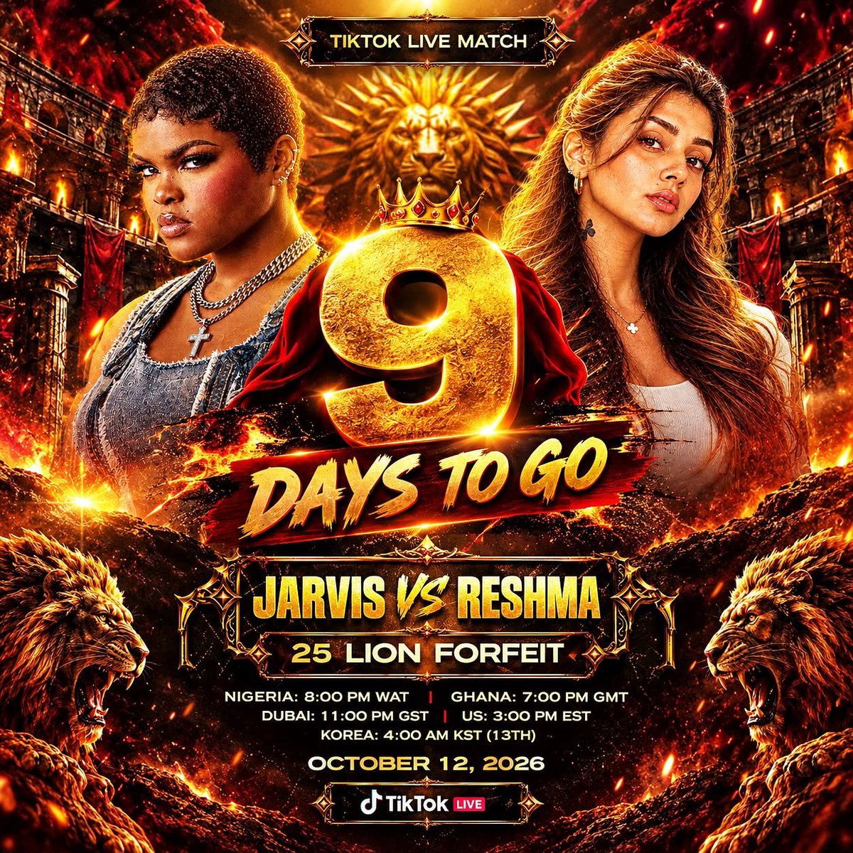azeezadejo40727's tweet photo. @Jarvis4R 9 DAYS TO GO 👑🔥 The ultimate TikTok LIVE battle is coming who’s ready for the showdown? 🦁⚔️ 25 Lions Forfeit! Mark your calendar: October 12th 🔥#Jarvis
#JarvisMatchDay
#TeamJarvis https://t.co/dU2nD3eCxs
