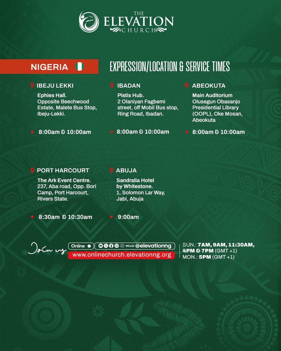 elevationng's tweet photo. Join us this Sunday, 4th October, 2026 for a special Rep A Tribe thanksgiving service.

Come with your dancing shoes and a heart ready to praise! 💃🏽

Minister Preye Odede @preyeodede is set to fill the atmosphere with songs of praise, and you need to come ready with extraordinary dance steps, ready to give God all the glory!

Date: Sunday, 4th October, 2026

Service Times: 7:00 AM | 9:00 AM | 11:30 AM (WAT)

Venue: Pistis Conference Centre, Lekki-Epe Expressway, Lagos

Find an Expression Centre near you:
https://t.co/sU3UaxclAB

Join us online: Instagram | YouTube | X | Mixlr | Facebook — @ElevationNG

Stream live: https://t.co/5rqVDv0HfP

Invite your family, friends, loved ones and Rep A tribe ! 

We look forward to welcoming you.

#elevationng #sundayservice #tecglobal #culturalsunday #repatribe