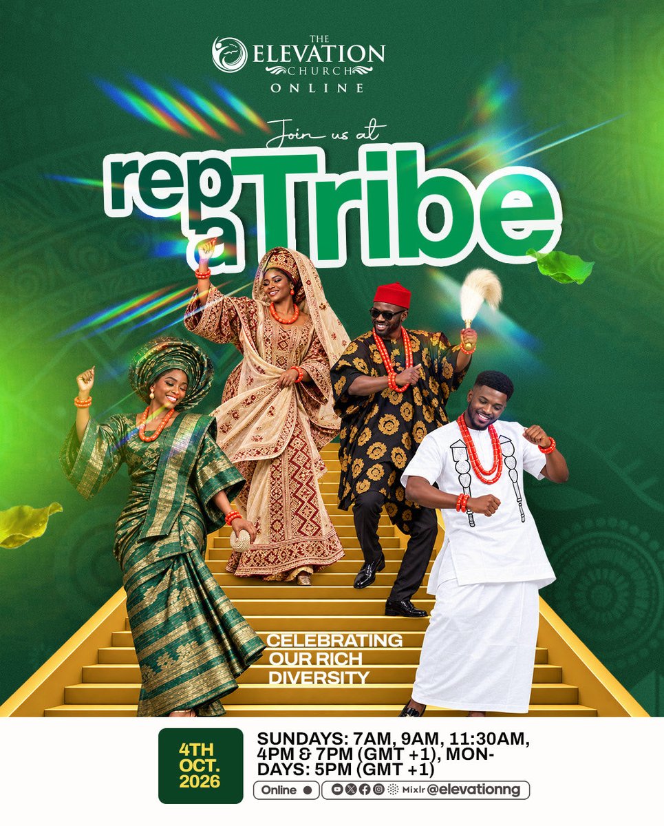 elevationng's tweet photo. Join us this Sunday, 4th October, 2026 for a special Rep A Tribe thanksgiving service.

Come with your dancing shoes and a heart ready to praise! 💃🏽

Minister Preye Odede @preyeodede is set to fill the atmosphere with songs of praise, and you need to come ready with extraordinary dance steps, ready to give God all the glory!

Date: Sunday, 4th October, 2026

Service Times: 7:00 AM | 9:00 AM | 11:30 AM (WAT)

Venue: Pistis Conference Centre, Lekki-Epe Expressway, Lagos

Find an Expression Centre near you:
https://t.co/sU3UaxclAB

Join us online: Instagram | YouTube | X | Mixlr | Facebook — @ElevationNG

Stream live: https://t.co/5rqVDv0HfP

Invite your family, friends, loved ones and Rep A tribe ! 

We look forward to welcoming you.

#elevationng #sundayservice #tecglobal #culturalsunday #repatribe