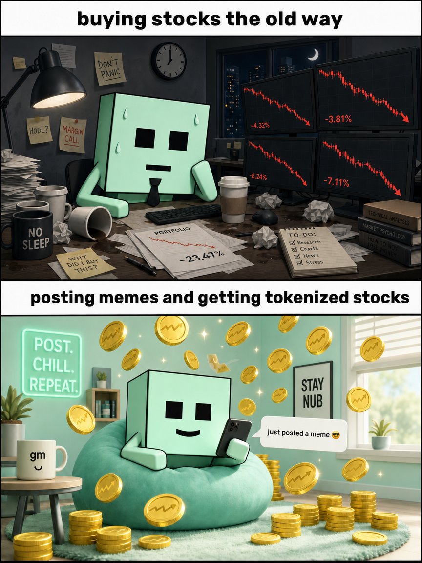 nubs_on_x's tweet photo. imagine just posting on x

and getting tokenized stocks for it

yeah
we're actually building that

most active nubs climb the leaderboard
top of the board = bigger bag

https://t.co/ctARTnGwJa https://t.co/xKrXPUoBPR