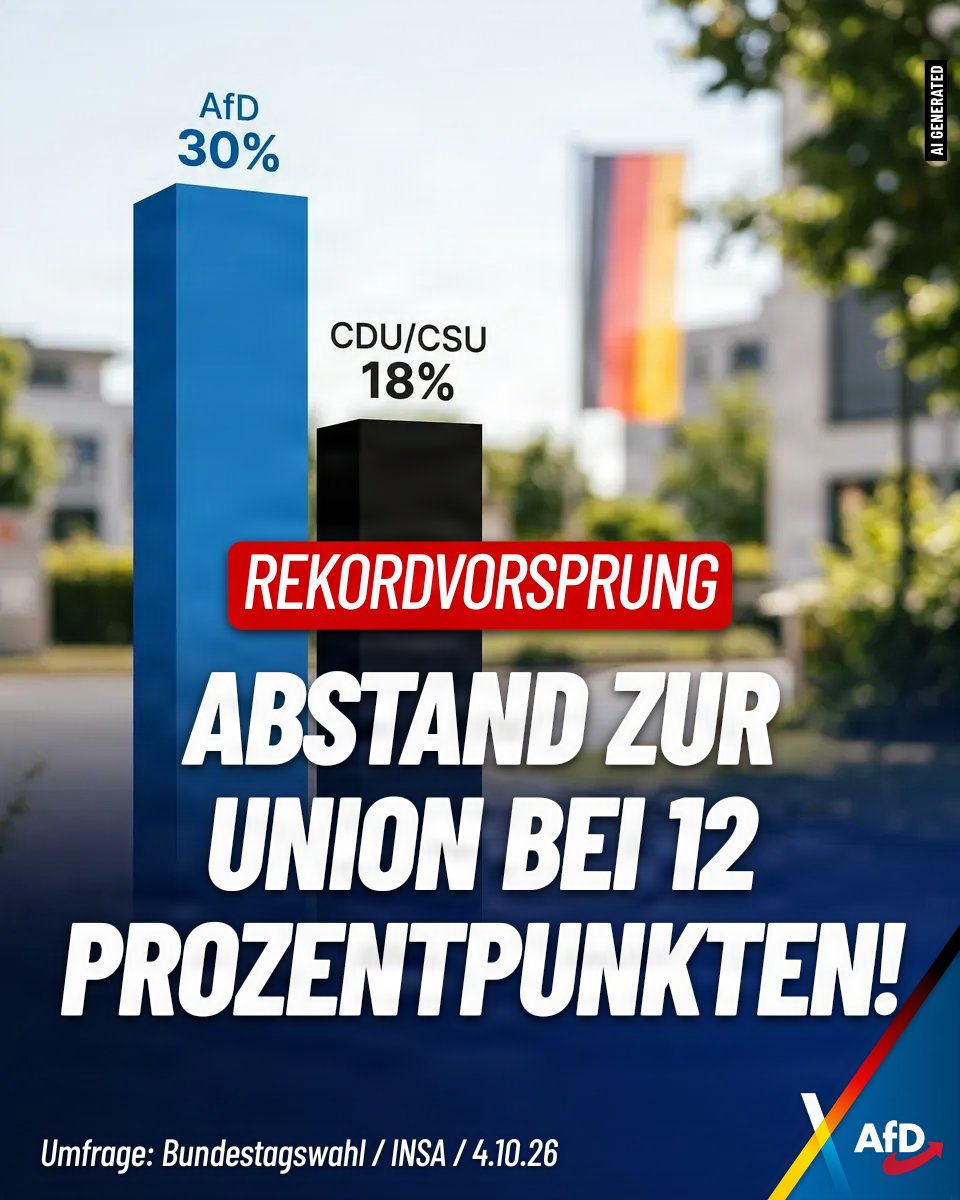 Alice_Weidel's tweet photo. Auch bei Insa haben wir die 30%-Marke geknackt, während der Rekordvorsprung zur Union (18%) bei inzwischen 12 Prozentpunkten liegt. Deutschland will die politische Wende! https://t.co/cg8BrMCxeE