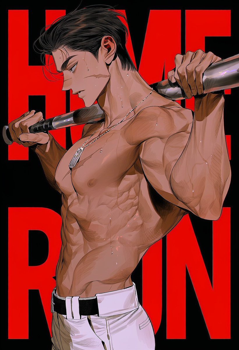 0_0bi's tweet photo. Prompt

"HOME RUN"

※ NovelAI V5 기준으로 제작된 프롬프트입니다.
※ 의상 태그 포함.

1male, solo,

[외형]

shirtless,
baseball pants,
white baseball pants,
black belt,

1.35::thick muscular body::,
1.3::broad shoulders::,
1.25::wide chest::,
1.3::thick muscular arms::,
1.2::large biceps::,
1.2::thick forearms::,
1.2::defined abs::,
1.15::defined obliques::,
1.25::dense musculature::,
powerful physique,

1.45::long metal baseball bat positioned horizontally behind the neck and across both shoulders::,
1.4::the bat resting evenly across the upper back and both shoulders::,
1.4::left hand firmly gripping the far left end of the bat::,
1.4::right hand firmly gripping the far right end of the bat::,
1.35::both hands holding opposite ends of the bat::,
1.35::both arms raised to support the bat behind the neck::,
1.3::both elbows bent outward::,
1.3::wide arm span pose::,
1.25::clear visible grip with both hands::,
1.25::both hands fully visible inside the frame::,
1.2::balanced symmetrical bat-holding pose::,

1.35::side profile::,
1.3::upper body turned sideways::,
1.3::head slightly lowered::,
1.25::looking downward::,
sharp calm expression,

1.4::broad shoulders::,
1.4::thick muscular arms::,
1.35::massive biceps::,
1.35::thick forearms::,
1.3::defined triceps::,
1.35::well-developed chest::,
1.3::defined abs::,
1.3::thick muscular torso::,
powerful athletic physique,

1.35::sweat droplets on the face, neck, chest, shoulders, and arms::,
1.25::sweaty skin::,
post-workout atmosphere,

medium shot,
upper body focus,
slightly low angle,
clean silhouette,
character as the clear focal point,

solid black background,
1.35::large bold red English typography behind the character::,
1.3::the text "HOME RUN" in huge bold red letters behind the character::,
1.25::oversized red letters partially obscured by the body::,
graphic poster composition,
sports editorial poster style,
minimal background,
strong contrast