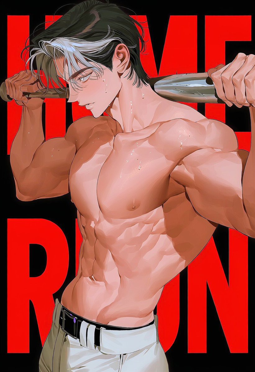 0_0bi's tweet photo. Prompt

"HOME RUN"

※ NovelAI V5 기준으로 제작된 프롬프트입니다.
※ 의상 태그 포함.

1male, solo,

[외형]

shirtless,
baseball pants,
white baseball pants,
black belt,

1.35::thick muscular body::,
1.3::broad shoulders::,
1.25::wide chest::,
1.3::thick muscular arms::,
1.2::large biceps::,
1.2::thick forearms::,
1.2::defined abs::,
1.15::defined obliques::,
1.25::dense musculature::,
powerful physique,

1.45::long metal baseball bat positioned horizontally behind the neck and across both shoulders::,
1.4::the bat resting evenly across the upper back and both shoulders::,
1.4::left hand firmly gripping the far left end of the bat::,
1.4::right hand firmly gripping the far right end of the bat::,
1.35::both hands holding opposite ends of the bat::,
1.35::both arms raised to support the bat behind the neck::,
1.3::both elbows bent outward::,
1.3::wide arm span pose::,
1.25::clear visible grip with both hands::,
1.25::both hands fully visible inside the frame::,
1.2::balanced symmetrical bat-holding pose::,

1.35::side profile::,
1.3::upper body turned sideways::,
1.3::head slightly lowered::,
1.25::looking downward::,
sharp calm expression,

1.4::broad shoulders::,
1.4::thick muscular arms::,
1.35::massive biceps::,
1.35::thick forearms::,
1.3::defined triceps::,
1.35::well-developed chest::,
1.3::defined abs::,
1.3::thick muscular torso::,
powerful athletic physique,

1.35::sweat droplets on the face, neck, chest, shoulders, and arms::,
1.25::sweaty skin::,
post-workout atmosphere,

medium shot,
upper body focus,
slightly low angle,
clean silhouette,
character as the clear focal point,

solid black background,
1.35::large bold red English typography behind the character::,
1.3::the text "HOME RUN" in huge bold red letters behind the character::,
1.25::oversized red letters partially obscured by the body::,
graphic poster composition,
sports editorial poster style,
minimal background,
strong contrast