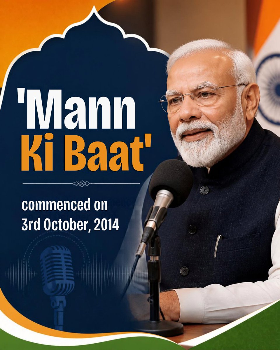 mannkibaat's tweet photo. On 3rd October 2014, the journey of 'Mann Ki Baat' began on radio  creating a unique connection between our beloved Prime Minister @narendramodi and listeners across India.

From inspiring stories and voices from every corner of the country to ideas that spark conversations, the programme has become a familiar part of every Indian home and India’s radio landscape.

Countless conversations. Millions of listeners.

#MannKiBaat 

@PMOIndia @MIB_India @PIB_India @mygovindia