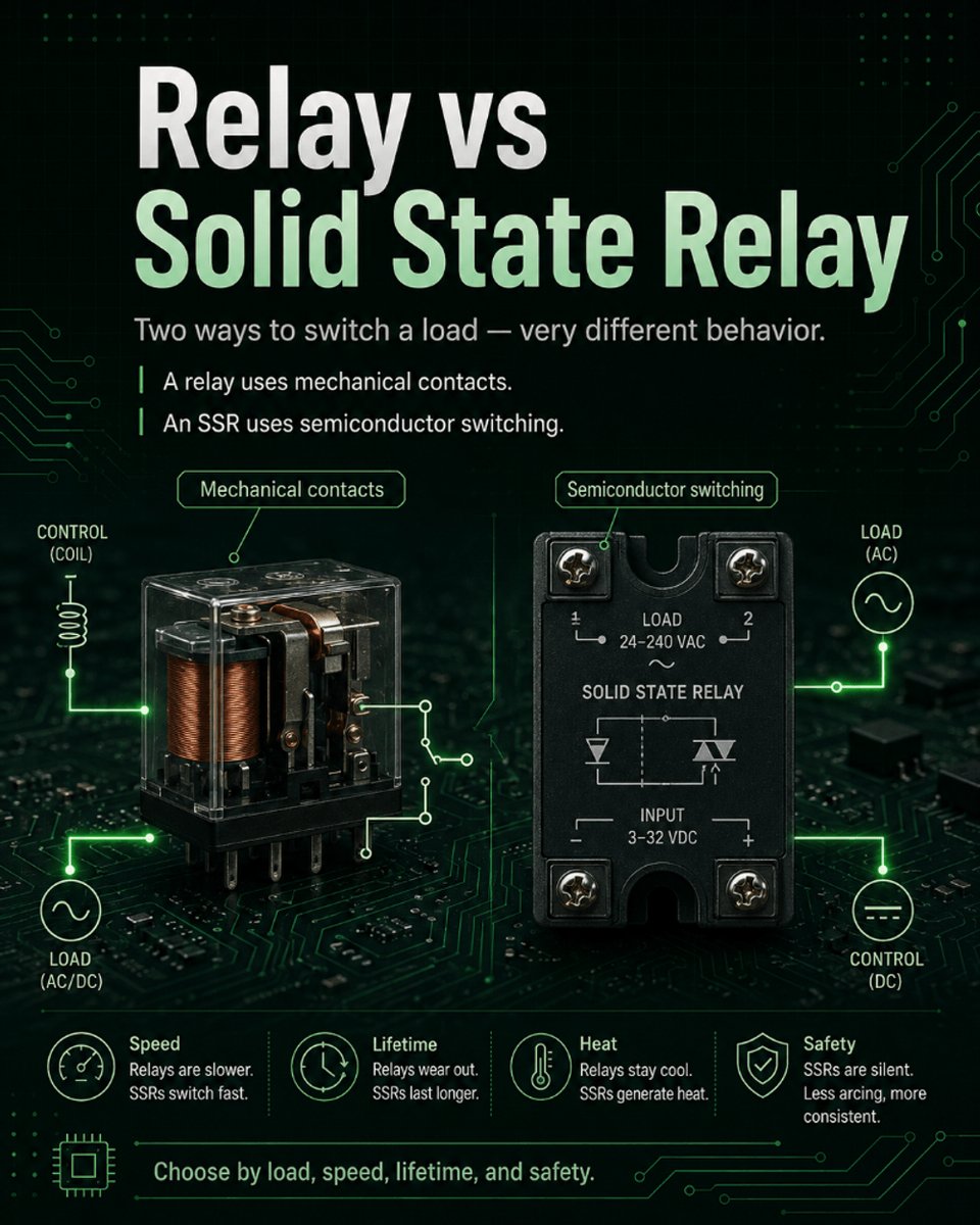 PartGenie's tweet photo. Relays click, SSRs switch silently โ but the real choice comes down to your load, leakage current, heat, switching speed, lifetime, and safety requirements.
#Relay #SolidStateRelay #SSR #Electronics #CircuitDesign #HardwareEngineering #PowerElectronics#ElectronicsBasics#PartGenie https://t.co/gPGjgkCcH7
