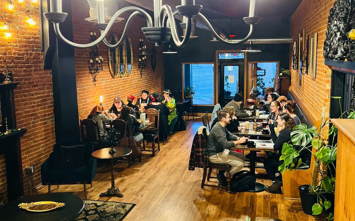 TCPaper's tweet photo. We found the spookiest late-night coffee shop near Toledo 🖤☕️

Located in a historic building in Monroe, MI, Nocturnal serves up mystical concoctions like Sleepy Hollow Moon Milk. Co-owners Hannah and Zach Holdwick spent 2 years bringing Nocturnal to life.

Read more on our site https://t.co/RuEbFEJOS4