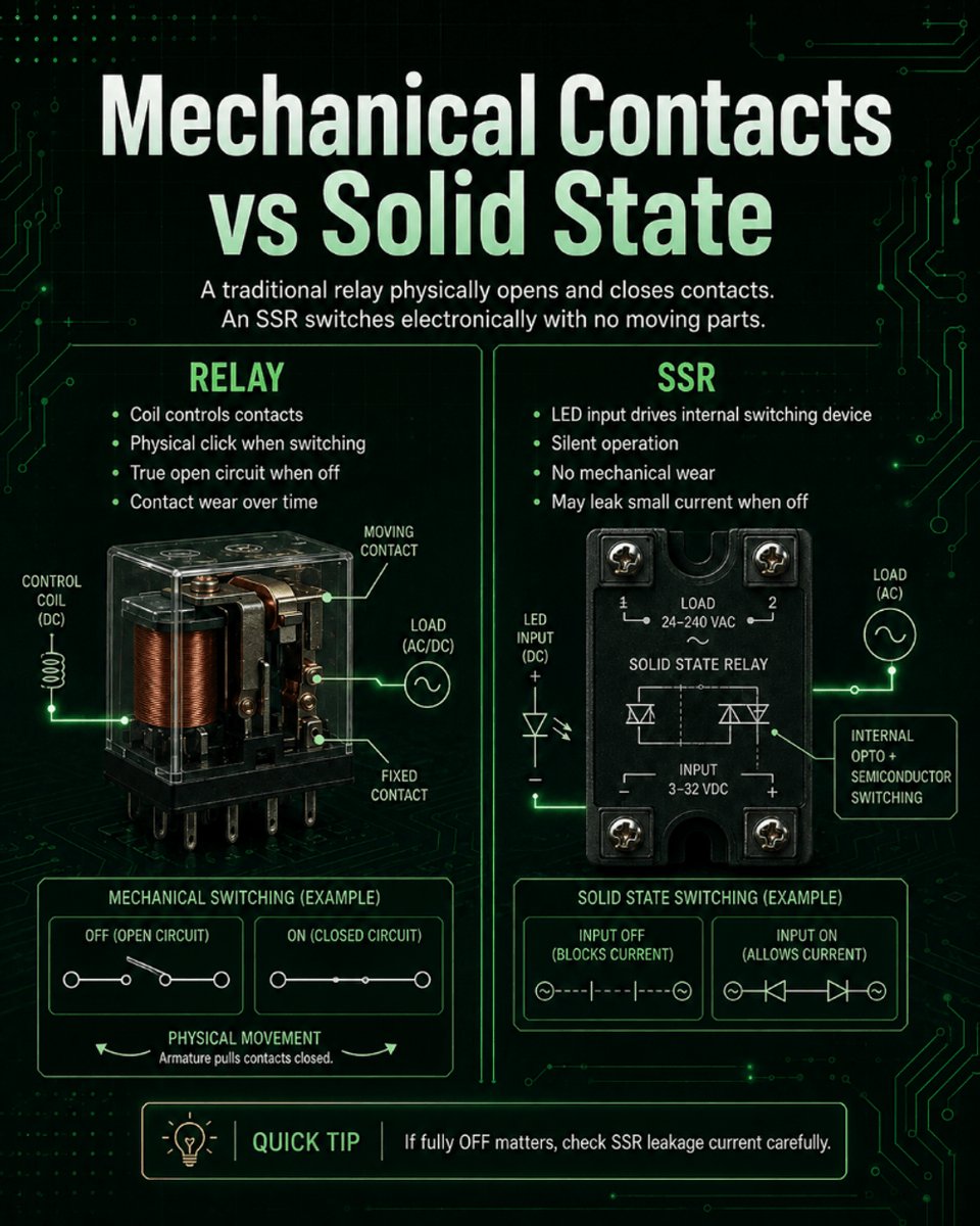 PartGenie's tweet photo. Relays click, SSRs switch silently โ but the real choice comes down to your load, leakage current, heat, switching speed, lifetime, and safety requirements.
#Relay #SolidStateRelay #SSR #Electronics #CircuitDesign #HardwareEngineering #PowerElectronics#ElectronicsBasics#PartGenie https://t.co/gPGjgkCcH7