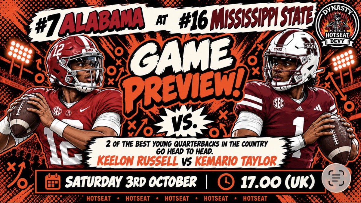 PoshplaysFF's tweet photo. What are you doing at 5pm Devy fans?

Here is an idea! 

Why not check out two of the brightest young QB prospects in Devy as they go head to head in an all ranked SEC match up! https://t.co/4ejN1okw8y