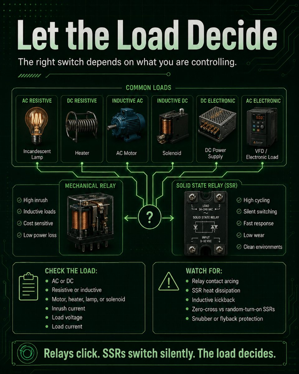 PartGenie's tweet photo. Relays click, SSRs switch silently โ but the real choice comes down to your load, leakage current, heat, switching speed, lifetime, and safety requirements.
#Relay #SolidStateRelay #SSR #Electronics #CircuitDesign #HardwareEngineering #PowerElectronics#ElectronicsBasics#PartGenie https://t.co/gPGjgkCcH7