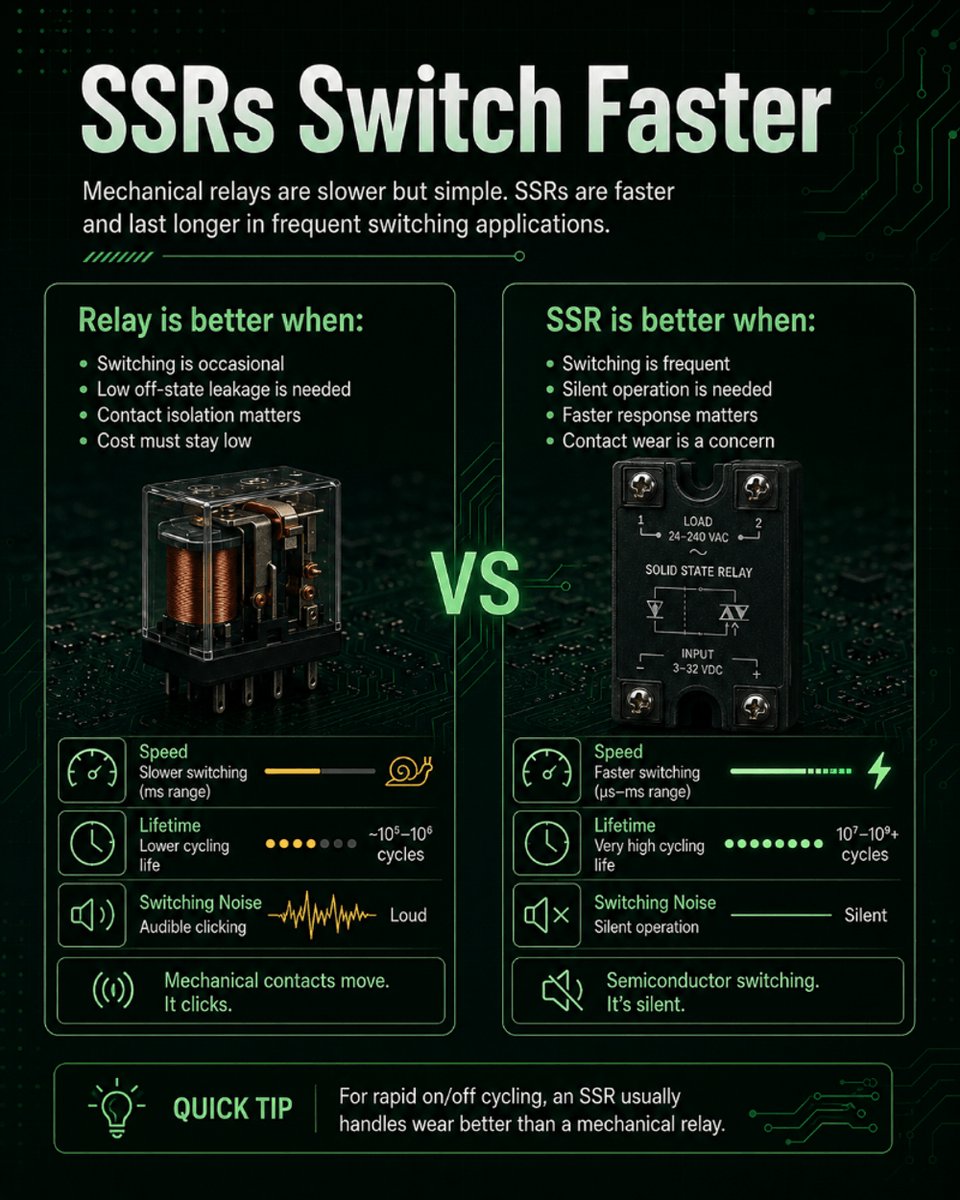 PartGenie's tweet photo. Relays click, SSRs switch silently โ but the real choice comes down to your load, leakage current, heat, switching speed, lifetime, and safety requirements.
#Relay #SolidStateRelay #SSR #Electronics #CircuitDesign #HardwareEngineering #PowerElectronics#ElectronicsBasics#PartGenie https://t.co/gPGjgkCcH7