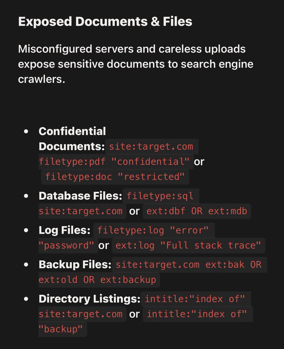 d4rk_intel's tweet photo. Google Dork Cheat Sheet

One dork answers one question. Chained dorks tell a story. 

Pivot from email to username, username to social profile, social profile to archived documents, documents to exposed directories. 

Each finding feeds the next query.

#OSINT #Cybersecurity https://t.co/KCuHBSo90N