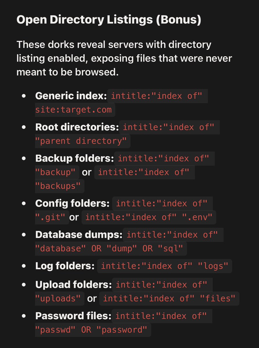 d4rk_intel's tweet photo. Google Dork Cheat Sheet

One dork answers one question. Chained dorks tell a story. 

Pivot from email to username, username to social profile, social profile to archived documents, documents to exposed directories. 

Each finding feeds the next query.

#OSINT #Cybersecurity https://t.co/KCuHBSo90N