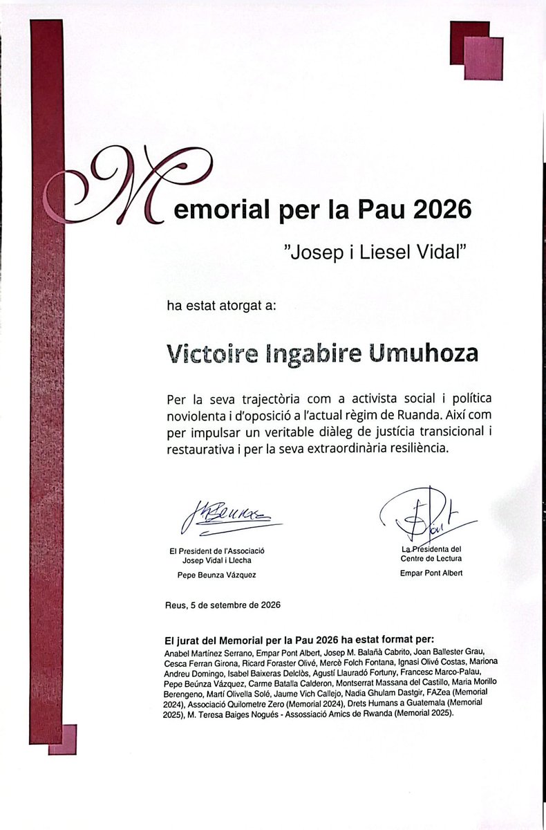 VictoireUmuhoza's tweet photo. Today, the Rwandan opposition leader, Ms Victoire Ingabire, celebrates her 58th birthday. Yesterday, the 2026 Josep and Liesel Vidal Peace Memorial Award was accepted on her behalf in Spain by her family. 

Ms Ingabire was awarded this prestigious peace prize in recognition of her non-violent political activism in #Rwanda.

Ms Ingabire is currently being detained, a situation which the United Nations Working Group on Arbitrary Detention has declared to be arbitrary. 

The mistreatment she has been subjected to, both in the past and currently, at the hands of Rwandan authorities, is indicative of the legitimacy of her struggle and affirms it as being for all Rwandans and friends of Rwanda from across the world who wish to see the country embrace good governance underpinned by respect for human rights, the rule of law, and democracy.