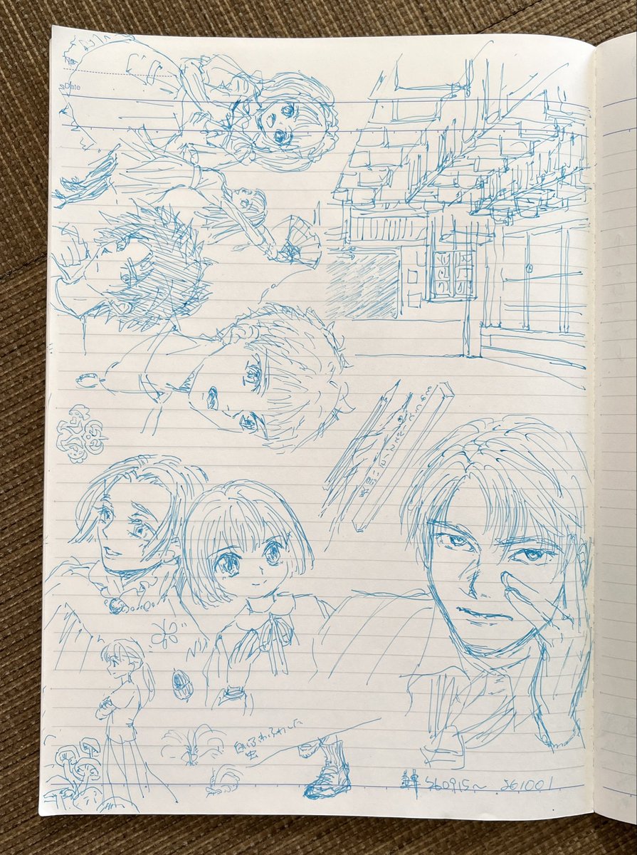 So4nknF's tweet photo. 寝る前に布団でちょこっと描��ノート落書きが1頁埋まった☘️
(このノリでちょこっとならインクトーバー 参加できるかも…と描いておくことでモチベになるかな？ https://t.co/aZkbnCVTKr