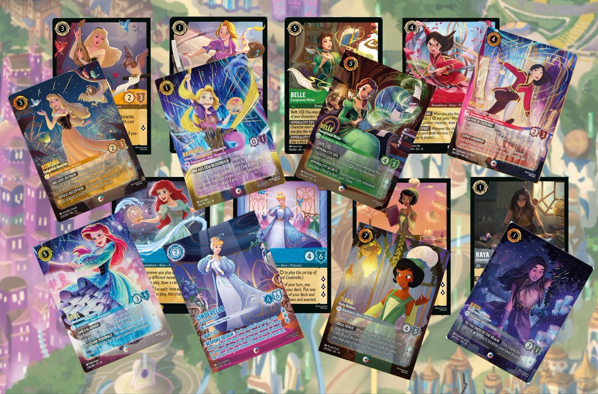amjayflores's tweet photo. wow! we got 8 full art disney princesses in @DisneyLorcana hyperia city! lead by the iconic cinderella, then with 7 enchanteds, 6 of which are legendaries! they’re all so pretty and chase-worthy!… https://t.co/JFHUBIaQKb