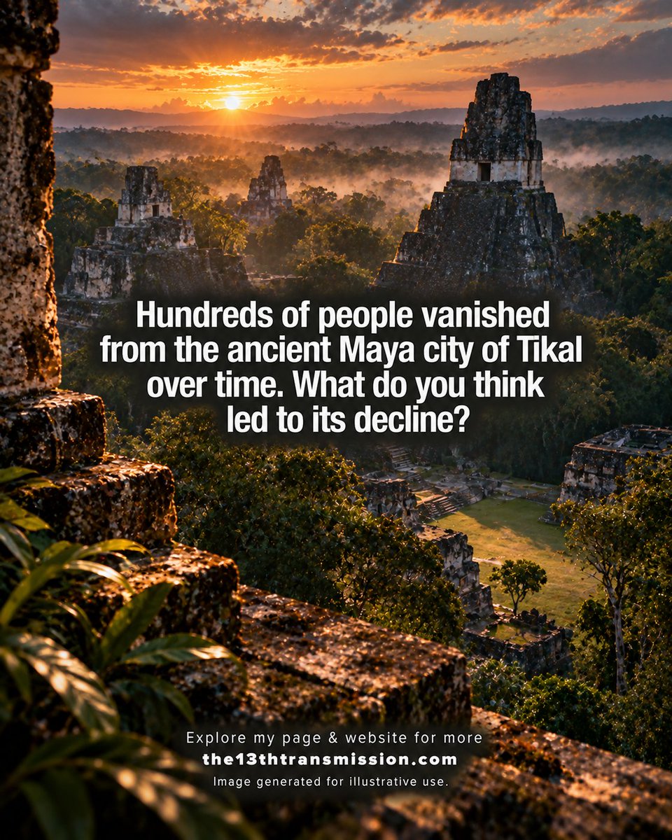 13thXmission's tweet photo. Hundreds of people vanished from the ancient Maya city of Tikal over time. What do you think led to its decline?

Please note, image generated for illustrative use

@13thXmission  #The13thTransmissionQuestion #Tikal https://t.co/0HC7q0Mypw