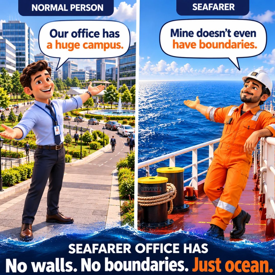 marinerupdate's tweet photo. When your office campus is measured in acres, but a seafarer’s office is measured in how far you can see.
When your workplace has no walls, no traffic, no neighbours — just endless ocean, that's a different kind of office view.
Who has the better office view?
#MarinersUpdate https://t.co/IYZTGw5Y63