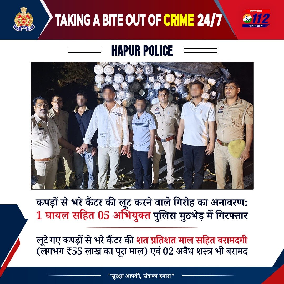 Uppolice's tweet photo. अपराध के प्रति जीरो टॉलरेंस—

कपड़ों से भरे कैंटर की लूट करने वाले गिरोह के 01 घायल सहित 05 अभियुक्तों को @hapurpolice द्वारा पुलिस मुठभेड़ के दौरान गिरफ्तार किया गया है। अभियुक्तों के कब्जे से लूटा गया कैंटर शत-प्रतिशत माल सहित तथा 02 अवैध शस्त्र बरामद किए गए हैं।

दिनांक 27/28.09.2026 की रात्रि थाना गढ़मुक्तेश्वर क्षेत्रान्तर्गत बलवापुर-बुजघाट रोड पर अभियुक्तों द्वारा कैंटर चालक एवं हेल्पर को बंधक बनाकर जनपद अमरोहा में छोड़ दिया गया था तथा जैकेट बनाने वाले कपड़ों से भरा कैंटर लूट लिया गया था।

गिरफ्तार अभियुक्तों के विरुद्ध दिल्ली तथा जनपद मुरादाबाद, सम्भल एवं हापुड़ में हत्या, चोरी एवं आर्म्स एक्ट आदि के करीब आधा दर्जन अभियोग पंजीकृत हैं।

#UPPAgainstCrime
#GoodWorkUPP
