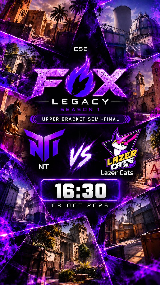 NiceTryCs's tweet photo. SEMI-FINAL TIME. 🔥
Team NT vs Lazer Cats @lzrcats
FOX Legacy Season 1 — Upper Bracket Semi-Final ⚔️
🕟 16:30 🇺🇦
📅 October 3
@foxlegacycup
One step closer. Let’s fight for that final. 💜
#TeamNT #CS2 #FOXLegacy https://t.co/9l7bLRLqIQ