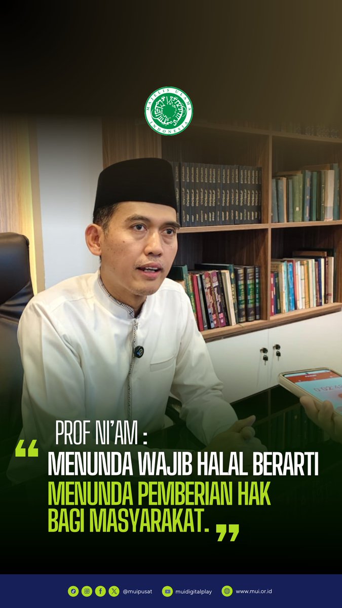 muipusat's tweet photo. Persiapan Pelaksanaan Wajib Halal Oktober 2026.

Ketua MUI Bidang Fatwa, Prof. Dr. K.H. M. Asrorun Ni'am Sholeh, M.A., menegaskan bahwa kewajiban sertifikasi halal sesuai dengan tenggat waktu undang-undang adalah kewajiban konstitusional yang harus dijalankan secara konsisten.

Masa persiapan dan sosialisasi yang berjalan hingga 12 tahun dinilai sudah cukup bagi seluruh ekosistem halal untuk bersiap. Menunda penerapan wajib halal berarti mencederai hak publik untuk mendapatkan jaminan produk yang halal dan aman.

​#MUI #SertifikasiHalal #ProdukHalal #GayaHidupHalal #InfoHalal