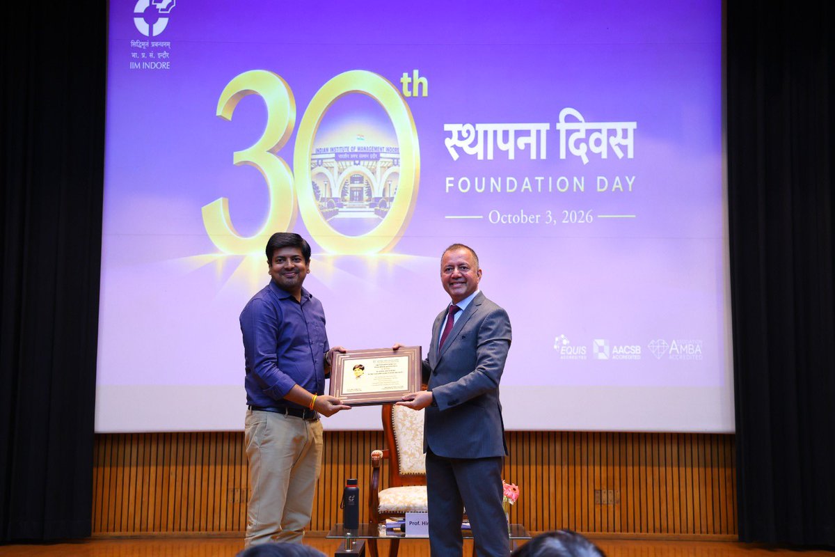 IIM_I's tweet photo. #30thFoundationDay | Congratulations to Prof. Saurabh Kumar, recipient of the Best Teaching Innovation Award 2026.

Celebrating his innovative approaches to teaching, student engagement, and enriching the classroom experience.

#IIMIndore #IIMI #FoundationDay #30YearsOfExcellence https://t.co/CqGkTTVQkz