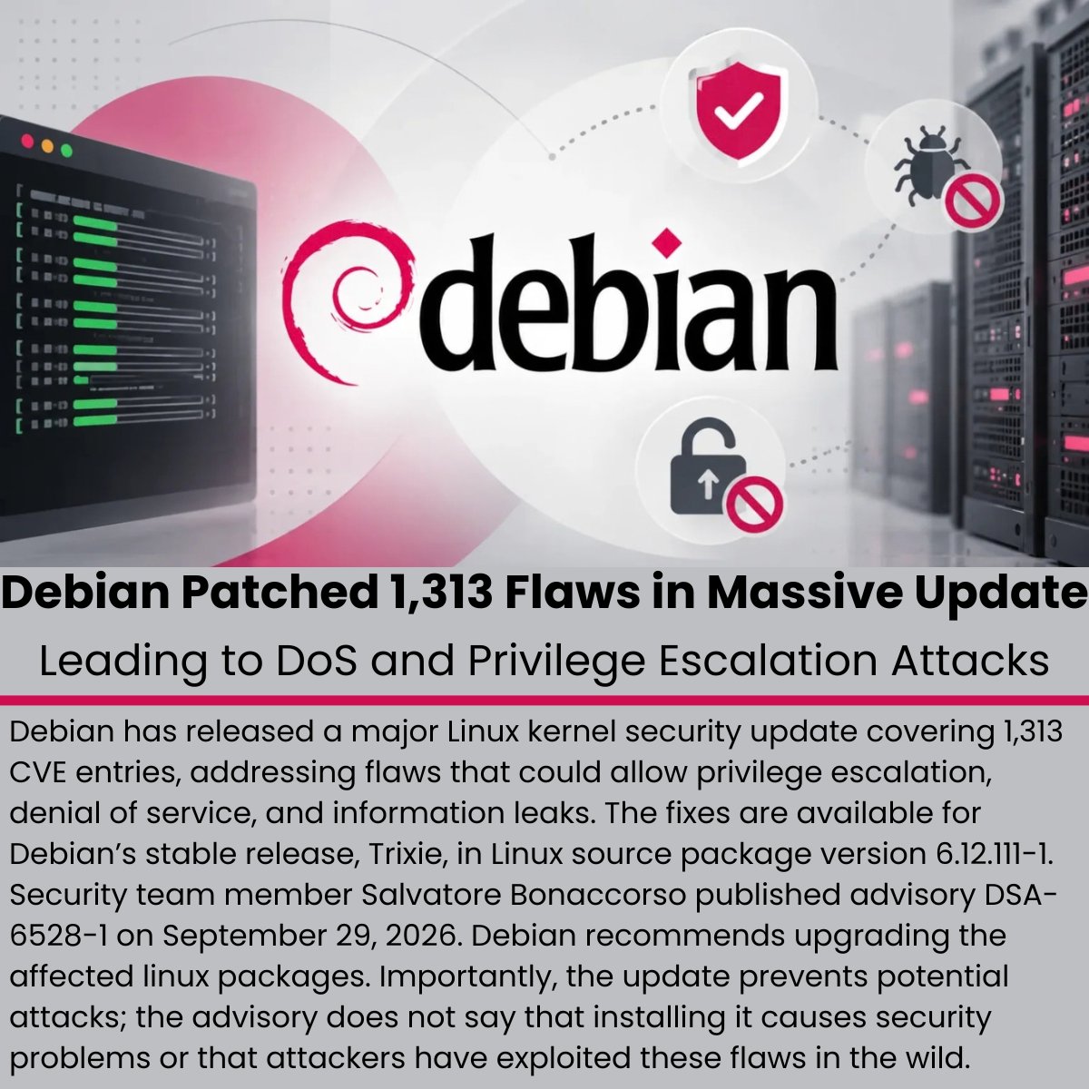 The_Cyber_News's tweet photo. Debian Patched 1,313 Flaws in Massive Update Leading to DoS and Privilege Escalation Attacks

Details: https://t.co/CagKcHhMWs

Debian has released a major Linux kernel security update covering 1,313 CVE entries, addressing flaws that could allow privilege escalation, denial of service, and information leaks.

The fixes are available for Debian’s stable release, Trixie, in Linux source package version 6.12.111-1. Security team member Salvatore Bonaccorso published advisory DSA-6528-1 on September 29, 2026. Debian recommends upgrading the affected linux packages. 

Importantly, the update prevents potential attacks; the advisory does not say that installing it causes security problems or that attackers have exploited these flaws in the wild.

#cybersecuritynews