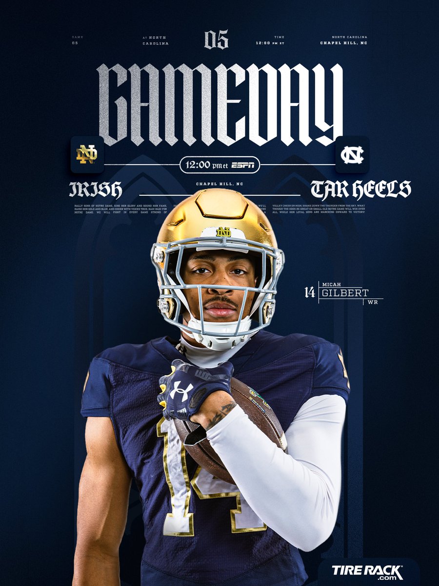 NDFootball's tweet photo. GAMEDAY

 at North Carolina
📍 Chapel Hill, North Carolina
📆 Saturday, Oct. 3
⏰ 12 PM ET
📺 ESPN
📻 https://t.co/Y9oMuqv46C

#GoIrish☘️ | @tirerack https://t.co/L6oIYjFVCA