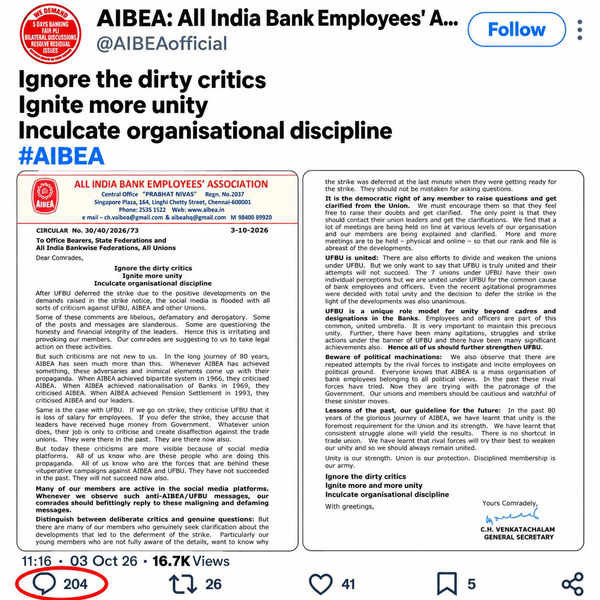 bankaffairs's tweet photo. The UFBU representatives  have acted against the sentiments and interests of the members. The leaders should read the comments,
it’s the agony of betrayal. You failed them.

Any genuine leader would have stepped down by now and would not keep issuing justifying, false letters every day.

Feel ashamed, accept the failure and resign. No more drama.