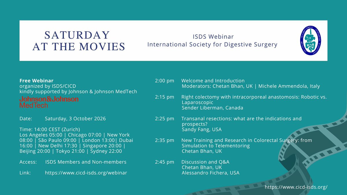 iss_sic's tweet photo. Starting in just 1 hour! π¬ Join the ISDS Saturday at the Movies webinarβfree.
π Join via: https://t.co/bUcz7Fsa20
#ISSSIC #Surgery #GlobalSurgery #SurgicalEducation #MedicalCommunity #WorldJournalofSurgery https://t.co/5JIc52bQsl
