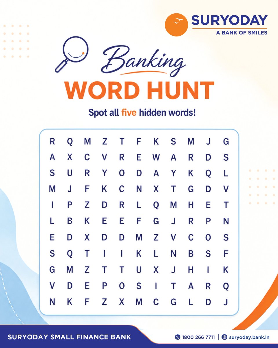 SuryodayBank's tweet photo. 🔎 Banking Word Hunt is on! ✨

Spot all 5 hidden words and put your word-hunting skills to the test! 🧩👀

How to participate:
🔹 Identify all 5 hidden words
🔹 Tag 3 friends 👥
🔹 Use #hiddenwordchallenge &amp; #suryodaybank

🏆 Winners will be announced on 6th Oct'26! https://t.co/AW3wnVMlGh