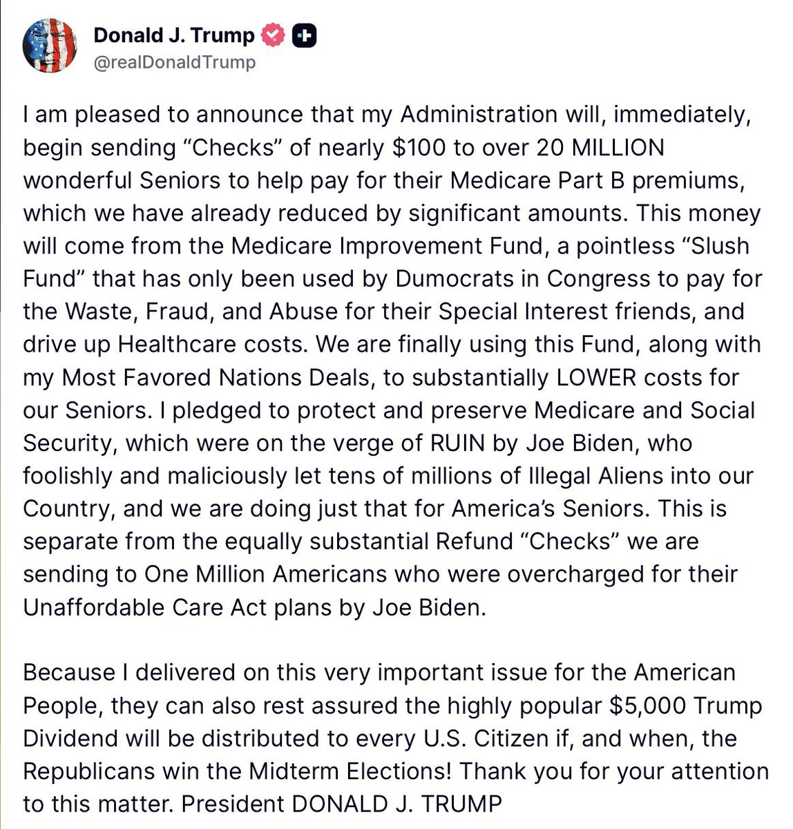 ConstitustionX's tweet photo. 🚨 BREAKING: 20 MILLION SENIORS JUST GOT PAID.
Trump is sending nearly $100 checks RIGHT NOW to help cover Medicare Part B premiums.
Congress sat on a $2 BILLION “improvement” fund for years and never touched it.
Trump just unlocked it.
$90 each. Direct deposit for most seniors starting early October.
They called it an improvement fund. He’s actually using it.
Share this. Seniors need to know. 🇺🇸