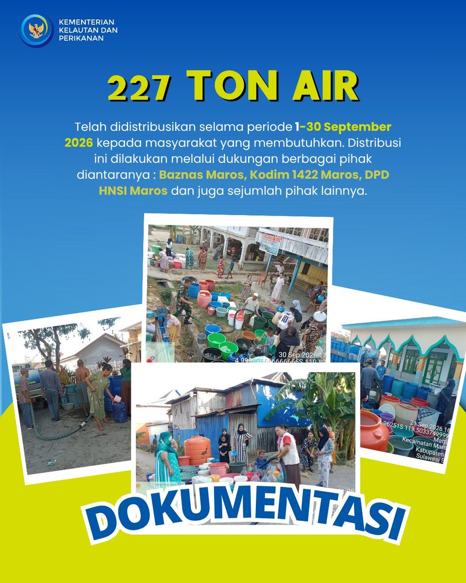 bpmkp_maros's tweet photo. 227 ton air telah didistribusikan sepanjang September 2026.

Distribusi air dilakukan untuk mendukung kebutuhan masyarakat, rumah ibadah, serta berbagai pihak yang membutuhkan.

Sejak 30 Juli hingga 30 September 2026, total air yang telah didistribusikan mencapai 472,5 ton. https://t.co/bHtClQmuJv