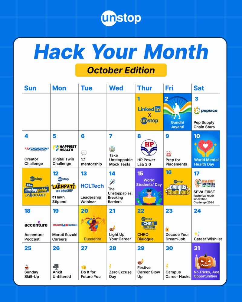Unstop_World's tweet photo. This is definitely no trick
Weโre treating you to so many events this month!
#beunstoppable #unstop #october https://t.co/bMcjBmyoLB