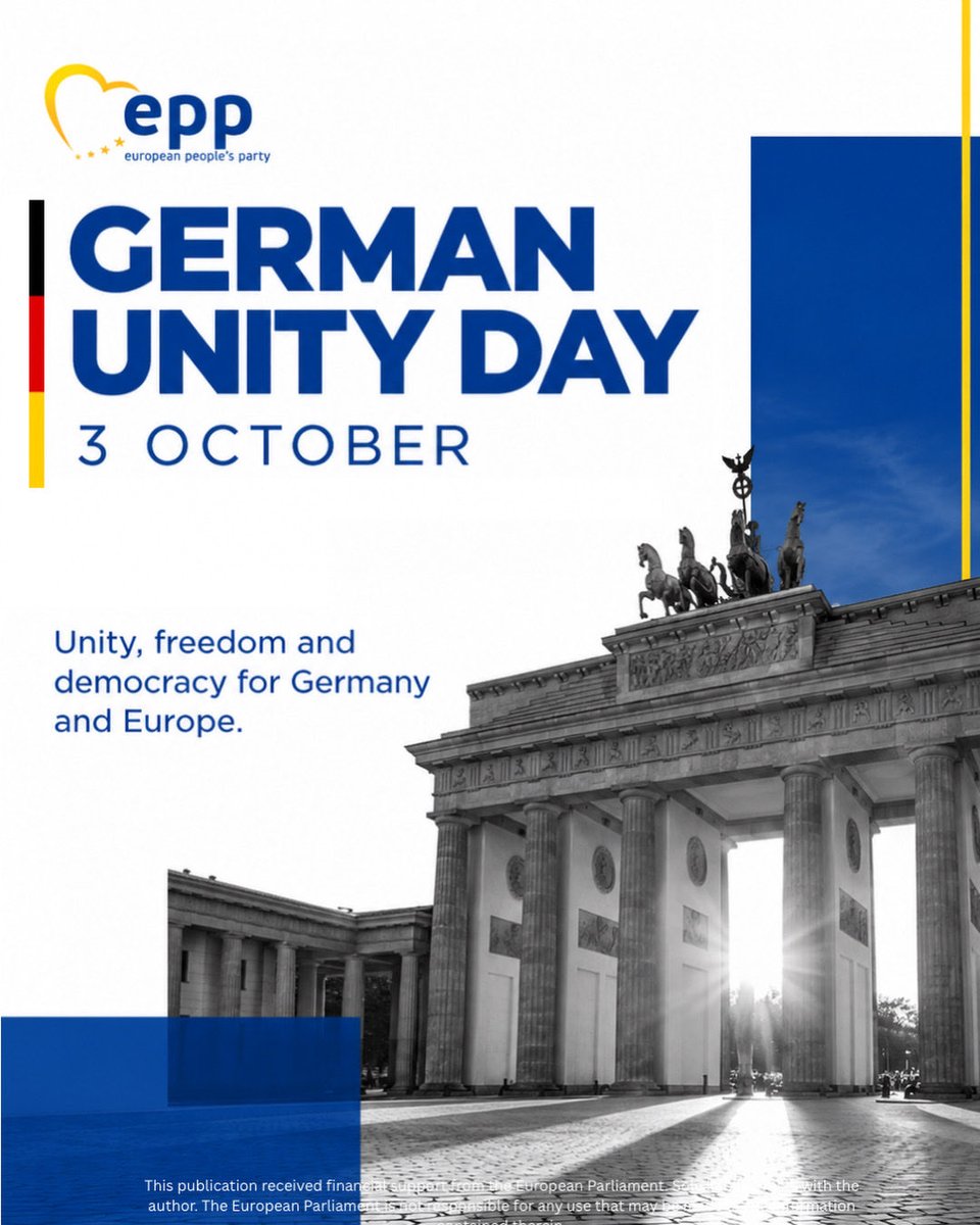 EPP's tweet photo. 36 years ago, Germany reunited in freedom. A historic achievement for Germany, and a defining moment for a Europe becoming whole again.

Every leader understood that German unity and European unity belonged together. 

And that path remains our responsibility today: overcoming divisions, strengthening democracy and keeping Europe united around freedom, peace and the rule of law.