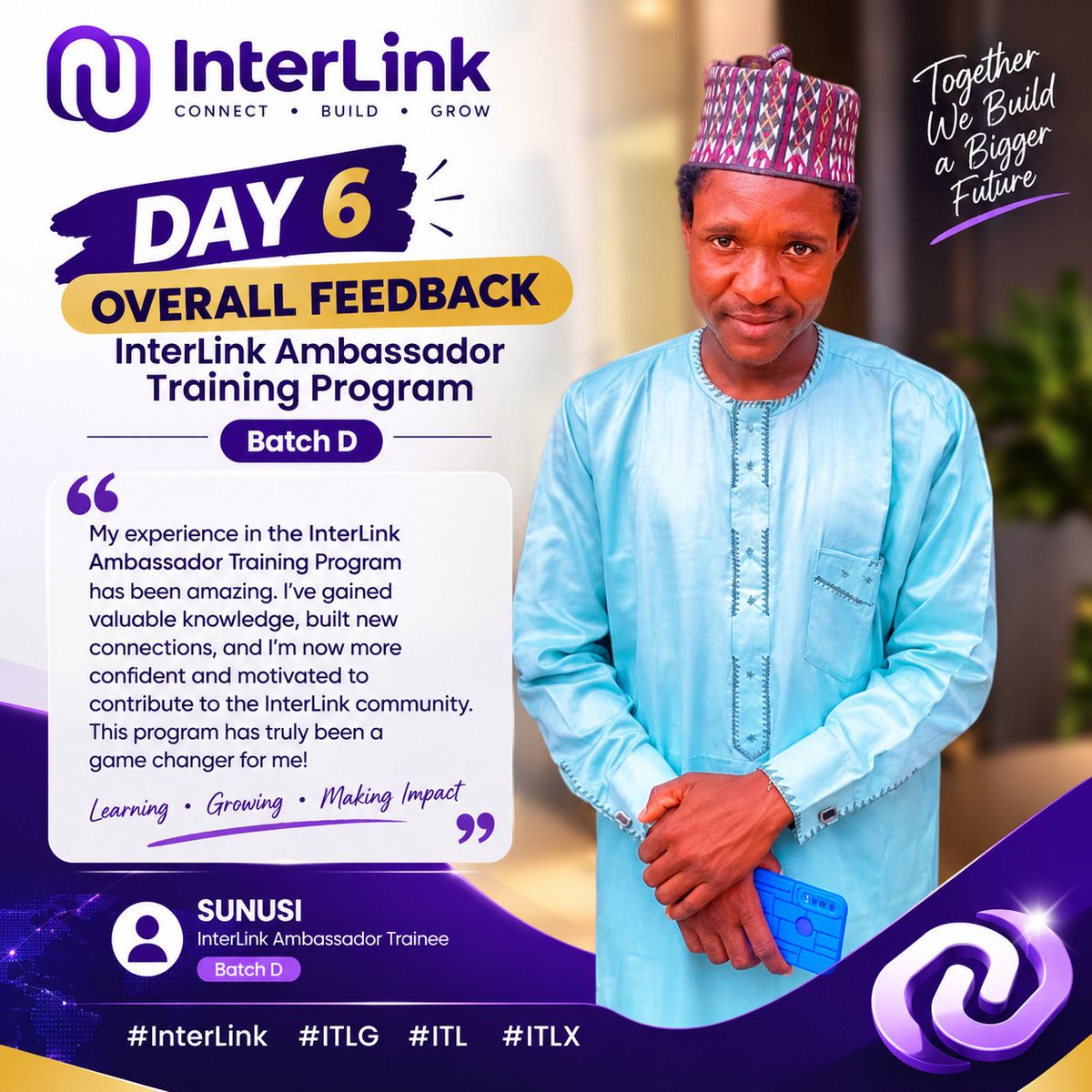 SunusinFaira's tweet photo. Day 6 – InterLink Ambassador Training 🚀

My experience in the InterLink Ambassador Training Program has been valuable and informative. I’m learning, growing, and excited to contribute more to the InterLink community. 💜

#InterLink #ITLG #ITL #ITLX https://t.co/4Uq9Tt30yr