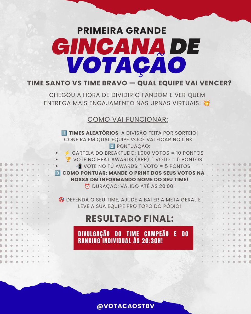 votacaostbv's tweet photo. 🚨 A PRIMEIRA GINCANA COMEÇOU! ⚔️
TIME SANTO 🆚 TIME BRAVO   
Quem vai pontuar mais nas urnas virtuais hoje? Confira todas as regras no card e veja no link em qual equipe você ficou!   
https://t.co/IzbTUfTPLb https://t.co/mv8CQMSDOG