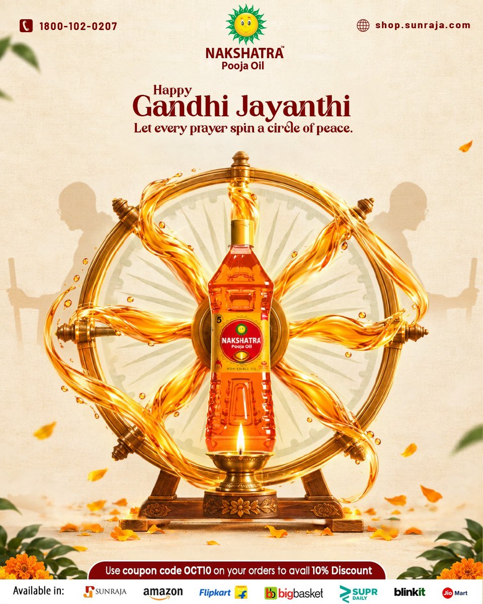 NakshatraOil's tweet photo. Let Every Prayer Spin a Circle of Peace🕊️
Happy Gandhi Jayanthi from Nakshatra Pooja Oil! Light a diya of truth and harmony today🪔
Elevate your sacred rituals with the pure, calming warmth of our divine blend✨

Shopping links in bio. Use code OCT10 to avail 10% discount. https://t.co/GubsfTBVJR