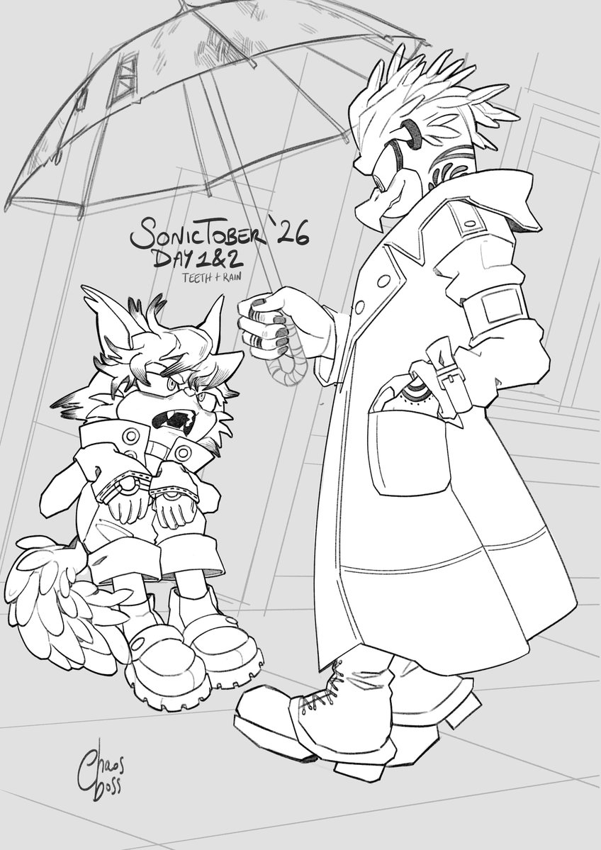 chaosbosss's tweet photo. Since you guys seemed to like my Sonic art I'll try @astrxchoi 's #Sonictober2026 // day 1 & 2 - Teeth & Rain with Rudo's and Enjin's Sonicsona #gachiakuta #sonic #enjin #rudosurebrec #inktober2026 https://t.co/JxeptF9tZF