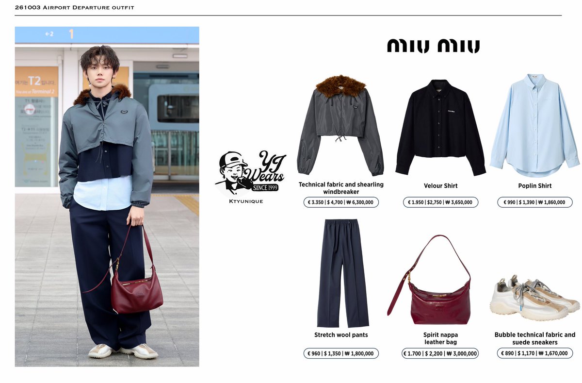 ktyunique's tweet photo. 261003 | Airport Departure Outfit
#YEONJUN #연준 

MIU MIU
⌇ Technical fabric &amp; shearling windbreaker
⌇ Velour shirt + poplin shirt
⌇ Stretch wool pants
⌇ Spirit nappa leather bag
⌇ Bubble technical fabric &amp; suede sneakers

#YEONJUNxMiuMiu 
#MiuMiuSS27 @MIUMIUofficial https://t.co/LiaLInOQCl