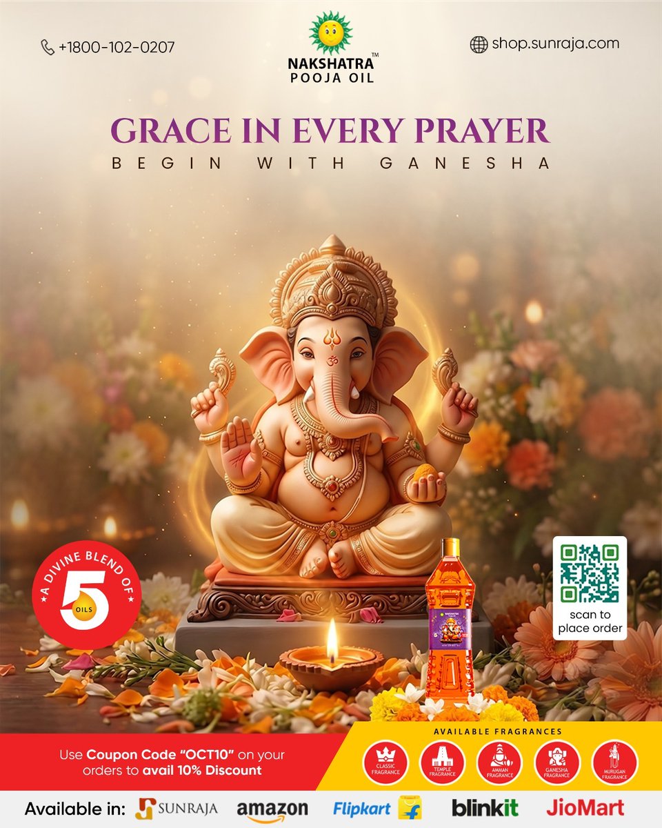 NakshatraOil's tweet photo. Grace in Every Prayer🙏 Begin with Ganesha and invite prosperity home ,
with the sacred blend of 5 pure oils in Nakshatra Pooja Oil🪔
Scan the QR code on the poster now to place your order and elevate your daily prayers📲 https://t.co/YVm6Iv6Vb7
