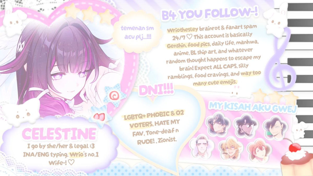 celesthinee's tweet photo. Hi all peoples from #genshintwt #manhwatwt #anitwt ‼️ I'm looking for mootsie or new friends 😆💓 I mostly post about my favs, random yapping, and foodpics with #ceymeals, foodies spam hehe :3 Check out my FCV below nd kindly read my carrd too! https://t.co/72midtMYo2 https://t.co/chRYIhh8ov