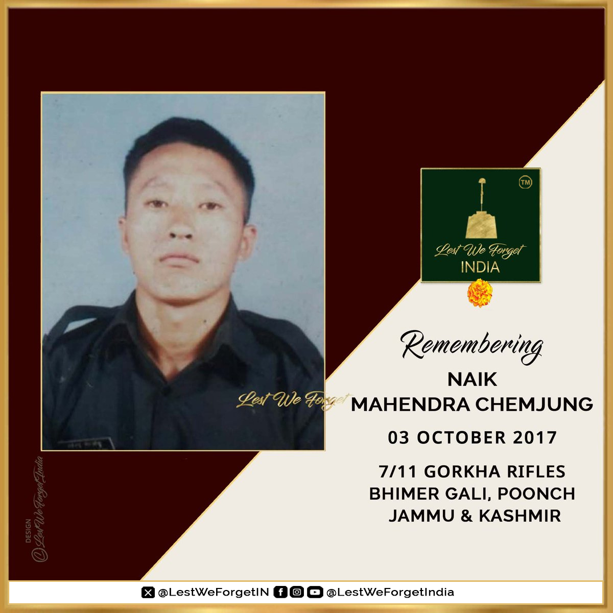 LestWeForgetIN's tweet photo. The countless unprovoked firings along the Line of Control and our #IndianBraves who face it defending the Nation.

#LestWeForgetIndia🇮🇳 Naik Mahendra Chemjung of 7/11 GORKHA RIFLES and his supreme sacrifice at Bhimer Gali, Poonch, J&amp;K #OnThisDay 03 October in 2017. https://t.co/oUg2jllx8D