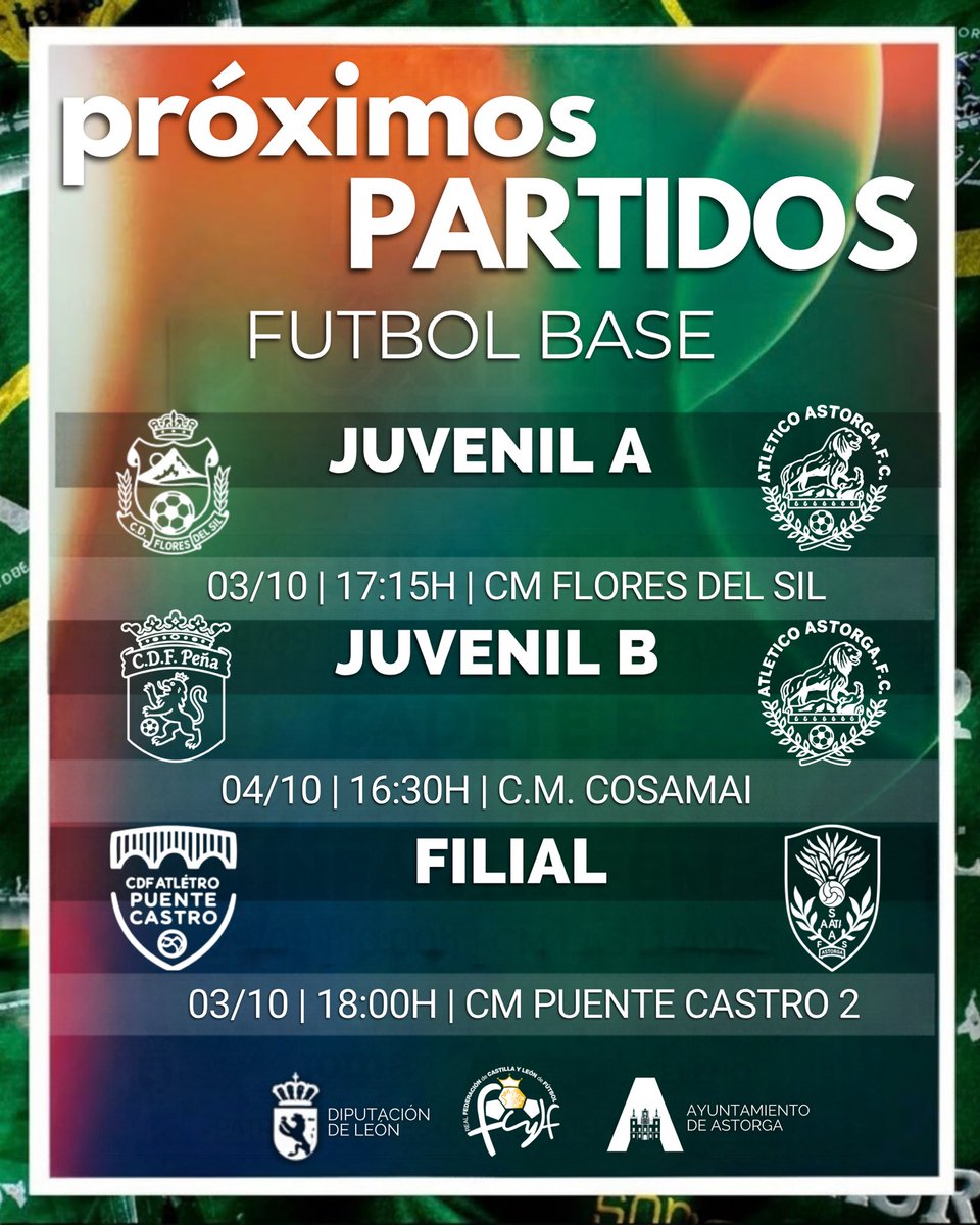 AtleticoAstorga's tweet photo. ℹ️ 𝗙𝗨𝗧𝗕𝗢𝗟 𝗕𝗔𝗦𝗘 | ʜᴏʀᴀʀɪᴏꜱ
¡Estos son los horarios para este fin de semana de nuestros equipos de fútbol base! ⚽️
#AtlAstorgaJuvenil
#SantaAnaFS
#AstorgaLateEnVerde https://t.co/uXfrvXGR3p