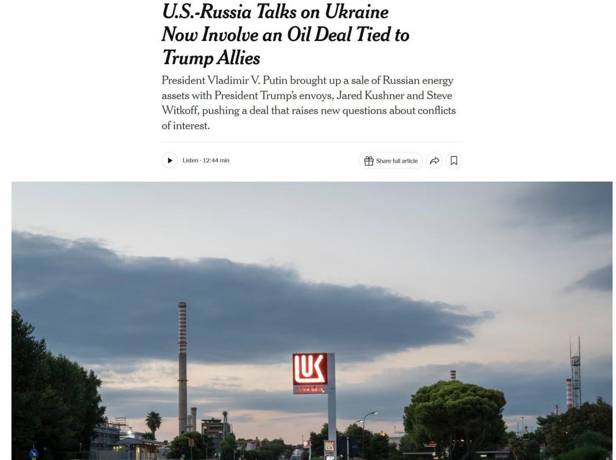 ShaunPinnerUA's tweet photo. Millions of Ukrainians suffer while so-called “peace talks” looking increasingly more like a guise for oil deals benefiting business partners of Trump’s inner circle.

NYT reports a proposed deal for Lukoil’s international assets involving groups linked to Kushner and Witkoff.

Just whose interests come first? Certainly not America’s, and definitely not Ukraine’s. 😡