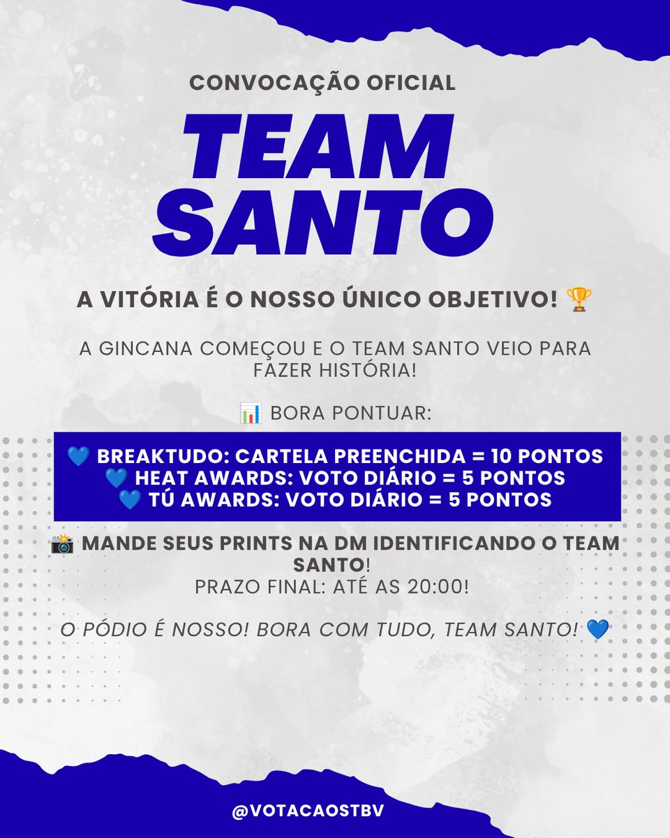 votacaostbv's tweet photo. 💙 TEAM SANTO CONVOCADO! 
✨A vitória é o nosso único objetivo e viemos para fazer história!   
📲 Vote no BreakTudo, Heat e TÚ Awards, garanta os pontos da equipe e mande no privado identificando o TEAM SANTO até as 20h!   
VAMOS COM TUDO! 💙
(PS: Apenas comentários da equipe) https://t.co/QZDOCscdvd