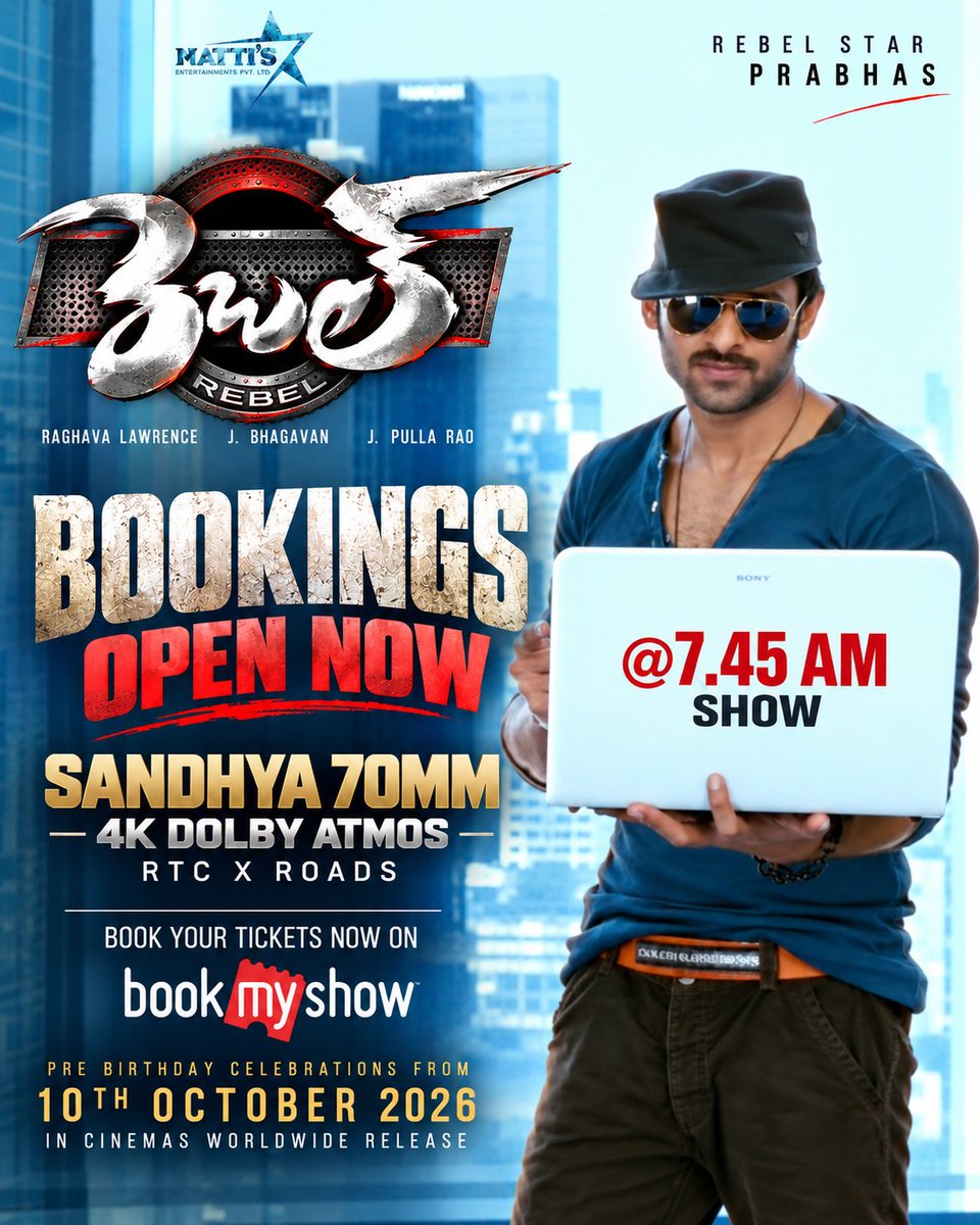 Nattikumar7's tweet photo. #Rebel4K BOOKINGS OPEN NOW! 🔥

7:45 AM Show | Sandhya 70MM 4K Dolby Atmos 💥

10th October 2026 In Cinemas! ❤️‍🔥

#Prabhas #RebelWood #PreBirthdayCelebrations  #PrabhasBirthdayMonth #Sandhya70MM #Rebel4K #RebelStar https://t.co/3FhWdqGder