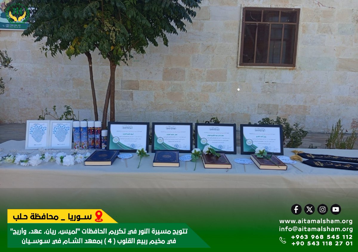 aitamalsham's tweet photo. تاجٌ من نور.. وخطواتٌ تسمو بآيات الذكر الحكيم 
﴿إِنَّ هَٰذَا الْقُرْآنَ يَهْدِي لِلَّتِي هِيَ أَقْوَمُ﴾ بفضلٍ من الله ومَنّه، تتوّج مسيرة النور بثمارها الطيبة في معهد الشام بسوسيان (محافظة حلب)، باحتفاءٍ مبارك بتكريم نخبة من حافظات كتاب الله عز وجل في مخيم ربيع القلوب (4) https://t.co/XQsGgNGxfa