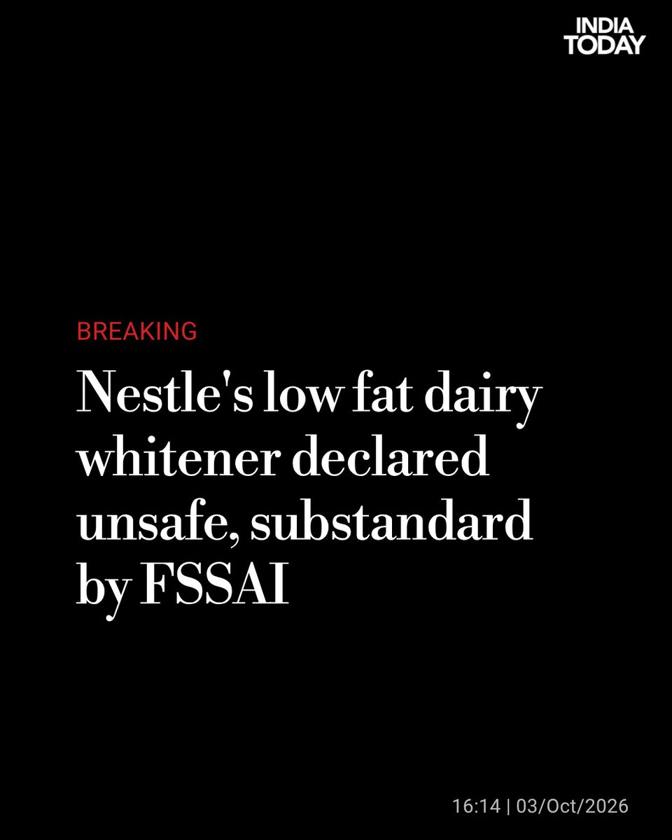 IndiaToday's tweet photo. A sample of Nestle’s “Low Fat Dairy Whitener” has been declared unsafe and substandard following a laboratory analysis conducted under the Food Safety and Standards Authority of India (FSSAI).

The sample was collected from the premises of M/s Bharat Hotels Ltd. (The Lalit) in Connaught Place, New Delhi, according to a notice shared by FSSAI.

Read more: https://t.co/S7dnR4jBnA | @JournoAshutosh 

#Nestle #FSSAI #FoodSafety #DairyWhitener #FoodSafetyAlert