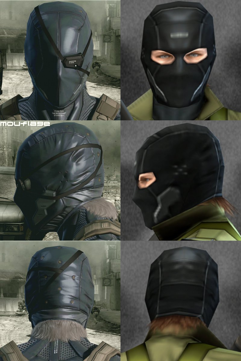 HEITAIs's tweet photo. MGS4のフェイスカム、マスクの分割線(縫い目)や頬に金属のフレームが付いていたり、耳に5つの穴がある等MGSPWのMSFスタッフのバラクラバとデザインがよく似ているんですよね。

後頭部の髪の毛がマスクから出ているのもそうですが。 https://t.co/j5SdwZ1mQS